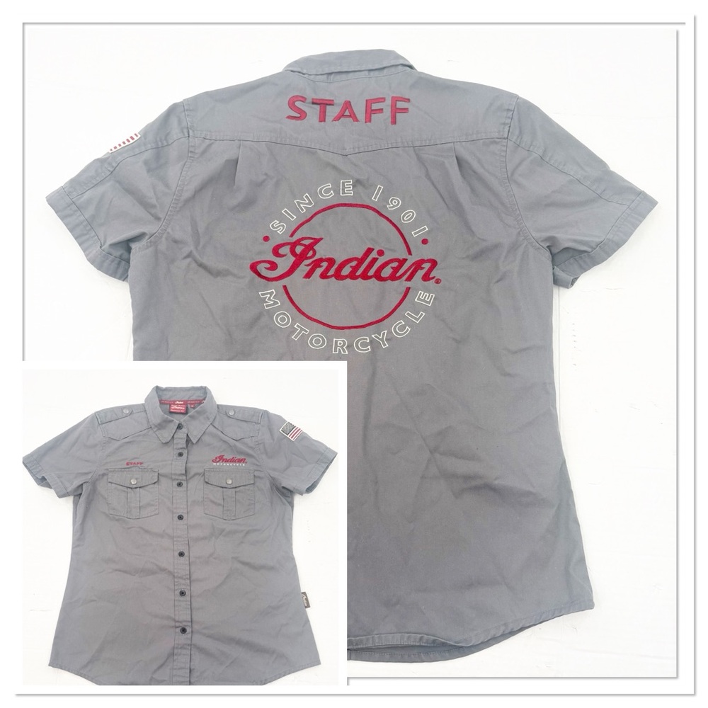 INDIAN MOTORCYCLE I Shirt Button Up Staff Short Sleeve Gray Medium